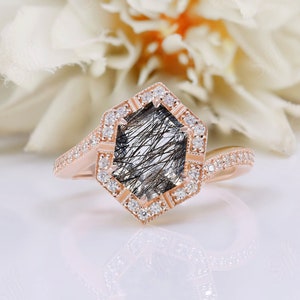 Hexagon AAA Natural Black Rutile Gemstone Wedding Anniversary Ring Gift For Wife 14k Rose Gold Plated Statement Birthday Friend Women Gift