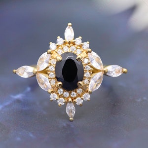 Oval Shape Natural Black Onyx Engagement Ring Vintage Art Deco Moissanite Ring Wedding Ring 14K Rose Gold Ring Beautiful Onyx Ring For Women
