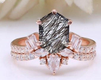 14K Rose Gold Plated Hexagon Natural Black Rutile Gemstone Stacking Wedding Bridal Anniversary Ring Set Proposal Birthday Gift For Wife