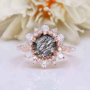 Hexagon Natural Black Rutile Gemstone Wedding Engagement Moissanite Ring For Her Promise Proposal for Love Anniversary Birthday Women Gift