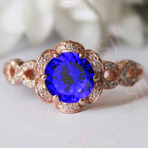 Blue Tanzanite Gold Ring, Round Shape AAA+ Royal Blue Tanzanite Wedding Gold Ring For Bride, December Birthstone, Art Deco Halo Bridal Ring