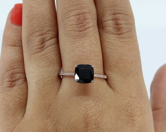 7.00mm Cushion Black Onyx Engagement Ring, Gift For Wife, White Moissanite Ring, Beautiful Solitaire Ring For Women, Black Stone Ring.