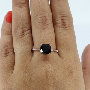 7.00mm Cushion Black Onyx Engagement Ring, Gift For Wife, White Moissanite Ring, Beautiful Solitaire Ring For Women, Black Stone Ring.