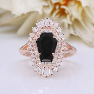 14k Rose Gold Plated Coffin Black Onyx gemstone Art Deco Halo ring Beautiful Anniversary Engagement Birthday Promise Statement Gift
