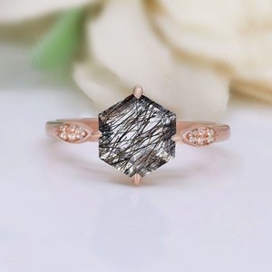 Hexagon Natural Black Rutile 14K Rose Gold Wedding Bridal Engagement Ring Beautiful Quartz Birthstone Ring Anniversary Birthday Gift For Her