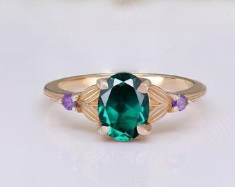 Oval formad lab-odlad smaragd bröllopsdag födelsedag förlovningsring för henne 14K roséguldpläterad elegant ametist accent silverring