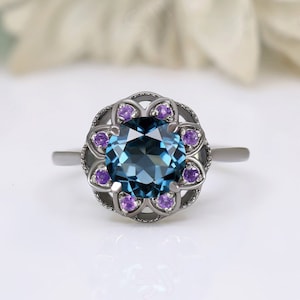 Natural London Blue Topaz Wedding Bridal Engagement Ring 14K Gold 925 Black Rhodium Blue Gemstone Art Deco Floral Halo Statement Ring Gift