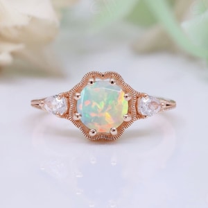 Vintage Ethiopian Opal Engagement Gold Ring Natural Opal Wedding Gold Ring 14K Rose Gold Floral Design Ring Birthday Proposal Gift For Love