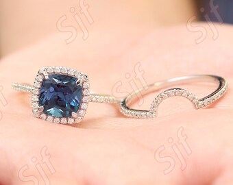 Antique Halo White Moissanite Wedding Bridal Ring Set, Vintage Alexandrite Ring set For Anniversary, Birthday Gift, Art deco Ring Set