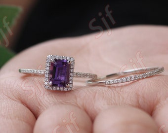 Natural Amethyst Wedding Ring Set, 2pcs Emerald Cut Art deco Amethyst Engagement Ring Set For Her, Purple Ring Set For Love, Halo Ring Set