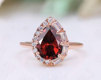 Pear Shape Red Garnet Ring 925 Silver 14k Rose Gold Engagement Wedding Bridal Silver Art Deco Halo Anniversary Promise Statement Gift