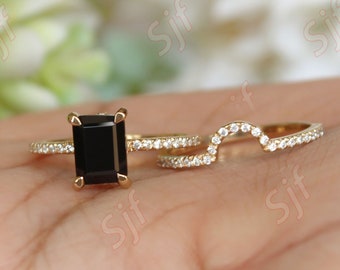 2pcs Unique Emerald Cut Natural Black Onyx Wedding Ring Set, Art deco Bridal Anniversary Ring Set For Women, Moissanite Ring, Promise Ring