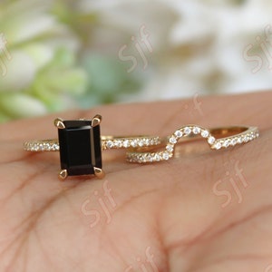 2pcs Unique Emerald Cut Natural Black Onyx Wedding Ring Set, Art deco Bridal Anniversary Ring Set For Women, Moissanite Ring, Promise Ring