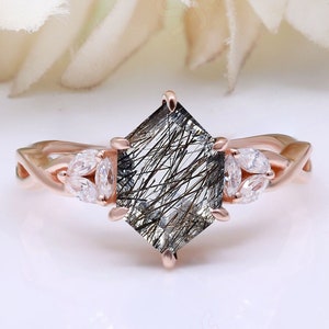Hexagon AAA Natural Black Rutile Gemstone Engagement Anniversary Rin For Wife 14k Rose Gold Plated Statement Birthday Friend Women Gift