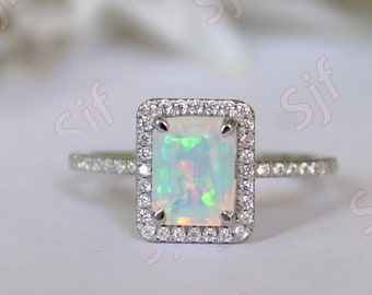 Unique Emerald Cut Natural Opal Engagement Ring |Moissanite Ring |Halo Ring |Gift For Women |Promise Ring |Octagon Ring |Anniversary Gift