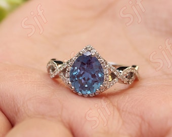 Pear Alexandrite Ring |Alexandrite Engagement Ring |Ring For Birthday Gift |Halo White Moissanite Ring |Teardrop Alexandrite Ring For Her