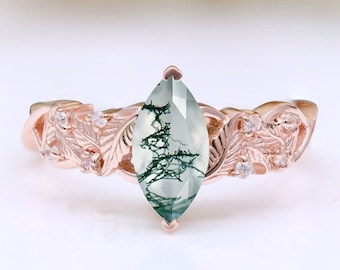 Green Moss Agate Gemstone 14K Rose Gold Plated Marquise Cut Wedding Bridal Engagement Ring Promise Statement Proposal Birthday Gift For Love