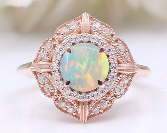 Natural Round Opal 14K Rose Gold Plated Silver Engagement Beautiful Halo Anniversary Ring Handmade Promise Statement Birthday Gift For Love