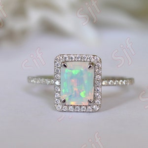 Unique Emerald Cut Natural Opal Engagement Ring |Moissanite Ring |Halo Ring |Gift For Women |Promise Ring |Octagon Ring |Anniversary Gift