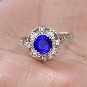 7.00mm AAA+ Natural Blue Tanzanite Wedding Ring, Solid Gold Anniversary Ring, Flower Engagement Ring For Her, Diamond Halo Proposal Ring