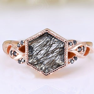 Hexagon Natural Black Rutile Quartz Wedding Engagement Ring For Her Beautiful Black Spinal Bezel Ring Anniversary Birthday Gift For Mother