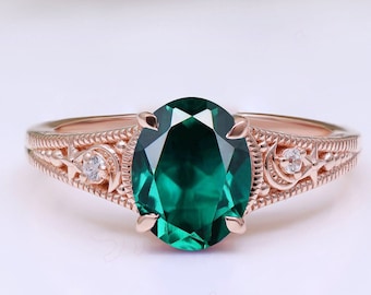 Oval Emerald Gemstone Wedding Bridal Engagement Ring 14K Rose Gold Plated Filigree Statement Promise Anniversary Birthday Women Gift