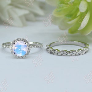 Moonstone Engagement Ring, Art deco ring, Rose Gold Halo Moissanite Ring Set, Round cut ring, bridal ring wedding ring, anniversary ring Set