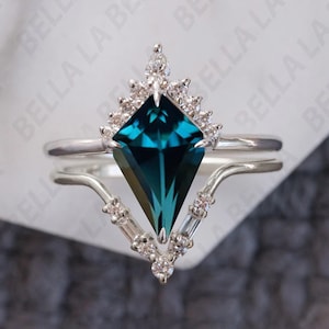 Vintage Art Deco London Blue Topaz Wedding Ring Set, 14K Rose Gold Ring Set, Antique Kite Shape Blue Topaz Engagement Ring Set, Gift For Her