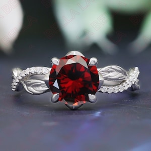 2.40 Ct. Red Garnet Engagement Bridal Ring, Vintage Art Deco Ring, Red Stone Leaf Ring, Unique Design Ring, Moissanite Ring For Sister.