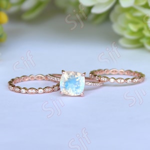 Gorgeous Three-Piece  Ring Set with 8x8mm Cushion-Cut Moonstone Gemstone