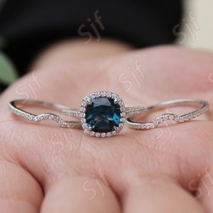 Natural London Blue Topaz Wedding Ring Set, 3pcs Ring Set, Art deco Bridal Ring Set, Gift For Love, Halo Ring Set,Proposal Ring Set