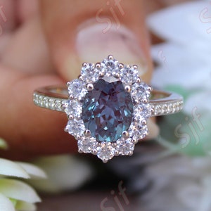 Alexandrite Halo Anniversary Ring, Oval 9x7mm Alexandrite Engagement Ring, Gift For Women, June Birthstone Ring, Proposal Ring For Love