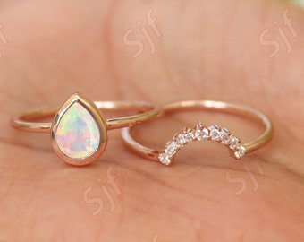 2PCS Pear Shaped Natural Opal Engagement Ring Set, Vintage Unique Rose Gold Wedding Ring, Moissanite Bridal Ring Set,October Birthstone Ring
