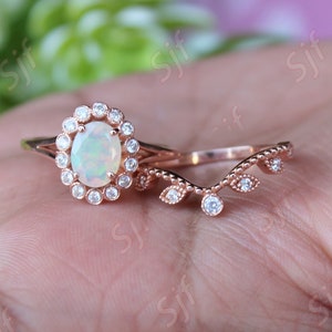 Natural Opal Engagement Ring Set, Art deco Wedding Anniversary Ring Set, Unique Floral Flower Ring, Milgrain Ring Set, Leaf Matching Band
