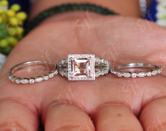 Gorgeous Princess Cut Morganite Wedding Bridal Ring Set, 3pcs Morganite Ring Set For Anniversary Gift, Halo Ring Set, Moissanite Ring