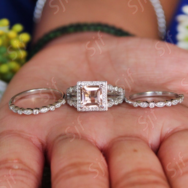 Gorgeous Princess Cut Morganite Wedding Bridal Ring Set, 3pcs Morganite Ring Set For Anniversary Gift, Halo Ring Set, Moissanite Ring