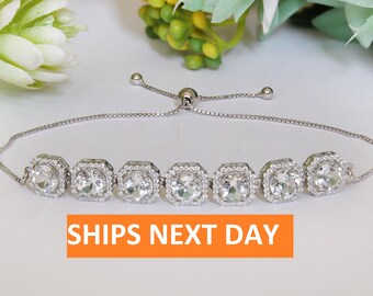 7.00cts Natural White Topaz Slider Bracelet, Bolo Bracelet For Anniversary Gift, Silver Ready To Ship handmade Bracelet, Halo Bracelet