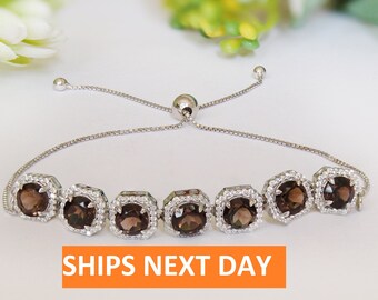 5.04cts Natural Smokey Quartz Slider Bracelet, Bolo Bracelet For Anniversary Gift, Silver Ready To Ship handmade Bracelet, Halo Bracelet