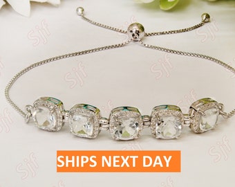 Slider Bracelet, 5.50cts Natural White Topaz Bolo Bracelet, 925 Silver Ready To Ship Bracelet for Gift, Halo Bracelet, Gift for Mother's Day