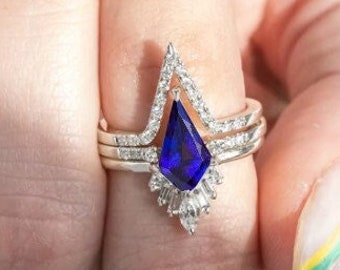 Beautiful Kite AAA+ Natural Violet Blue Tanzanite Gemstone Gold Wedding ring set, 3PCS ring set,Bridal Gold ring set,Tanzanite ring for Love
