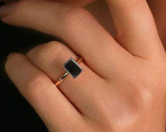 Black Onyx Ring, Octagon 8x6mm Natural Black Onyx Wedding Ring, Antique Emerald Cut Black Stone Womne's Ring, Solitiare Ring, Gift For Wife