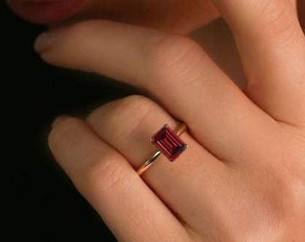 1.70cts Natural Red Garnet Wedding Ring, January Birthstone Ring, Emerald Cut Red Stone Engagement Ring, Solitaire Bridal Ring, Gift For Her