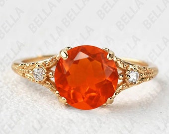 7.00mm AAA Natural Fire Opal Engagement Gold Ring Vintage Fire Opal Wedding Ring Bridal Solitaire Ring 14K Yellow Gold Ring Gift For Women
