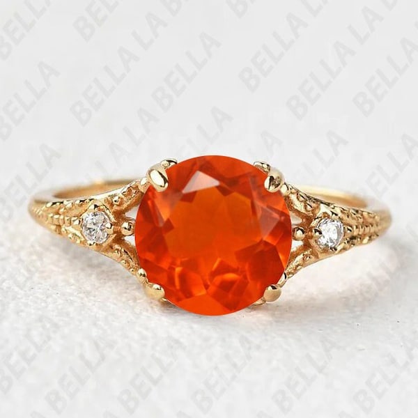 7.00mm AAA Natural Fire Opal Engagement Gold Ring Vintage Fire Opal Wedding Ring Bridal Solitaire Ring 14K Yellow Gold Ring Gift For Women
