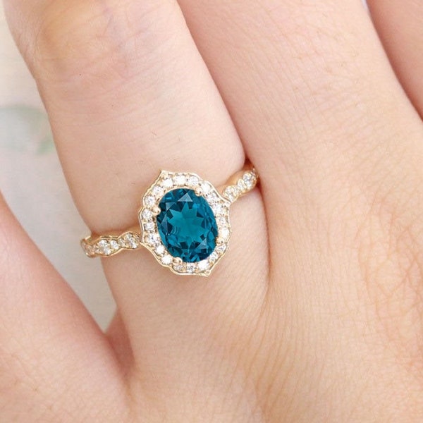 Art deco Oval Cut Natural London Blue Topaz Engagement Ring, Antique Halo Promise Ring For Her, Birthstone Ring, Bridal Ring, Gift For Wife