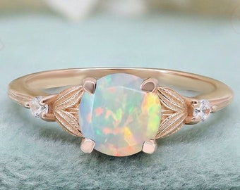 Natural Round Opal 14K Rose Gold Plated Silver Ring Gift For Mother Beautiful Solitaire Anniversary Handmade Promise Statement Gift For Love