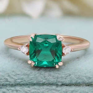 Cushion Shape Lab Created Emerald 14K Rose Gold Engagement Wedding Bridal Ring For Her Promise Birthday Anniversary Proposal Gift For Love