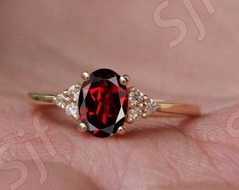 Natural Red Garnet Wedding Bridal Ring |Promise Ring |Oval Red Garnet Engagement Ring |Moissanite Ring |Gift For Her |Gift For Anniversary