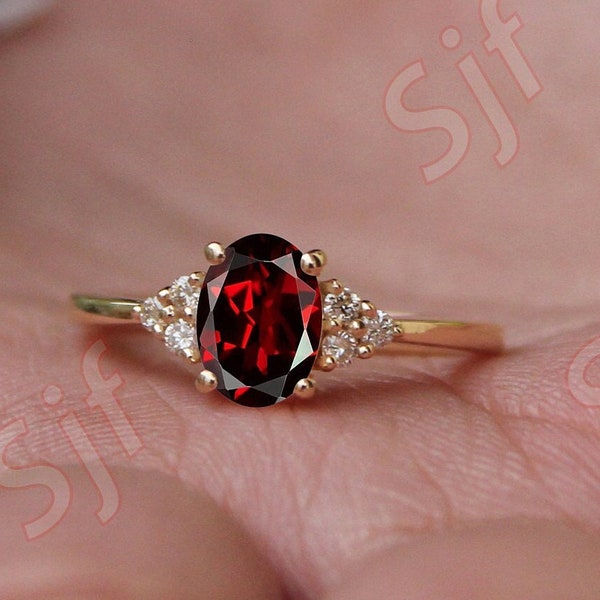 Natural Red Garnet Wedding Bridal Ring |Promise Ring |Oval Red Garnet Engagement Ring |Moissanite Ring |Gift For Her |Gift For Anniversary
