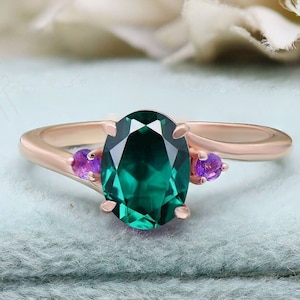 Oval Shape Lab Grown Emerald Wedding Anniversary Birthday Engagement Ring For Her 14K Rose Gold Plated Dainty Amethyst Accent Silver Ring